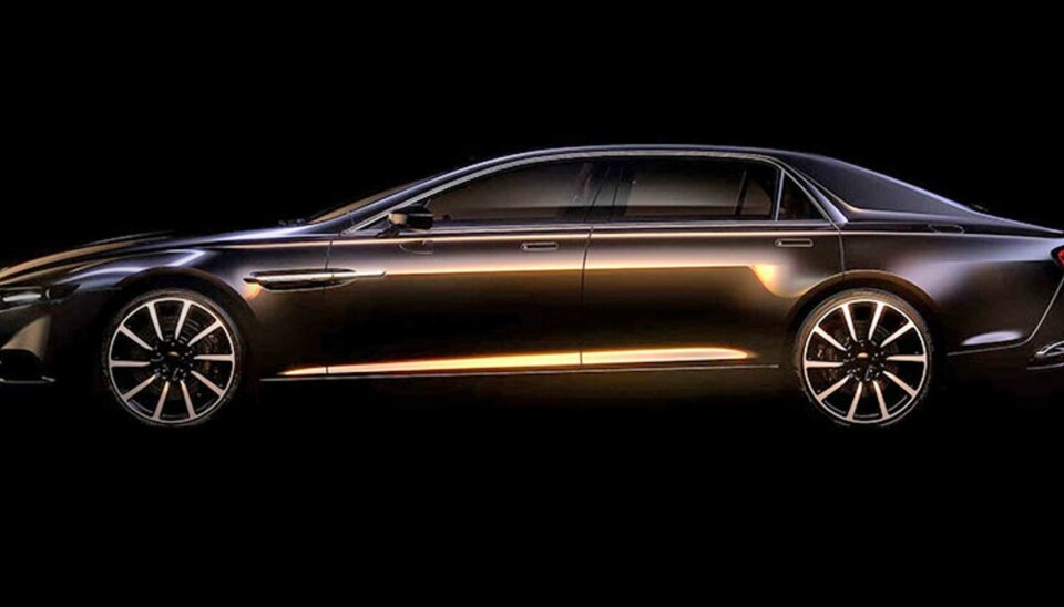 LANG LUKSUS: Dimensjonene til den nye Lagondaen er ikke kjent, men dataillustrasjonen mer enn antyder at dette er en stor sedan. Salget skal foregå ''by invitation only'' - og den må betales i valutaen dirham. FOTO: Aston Martin