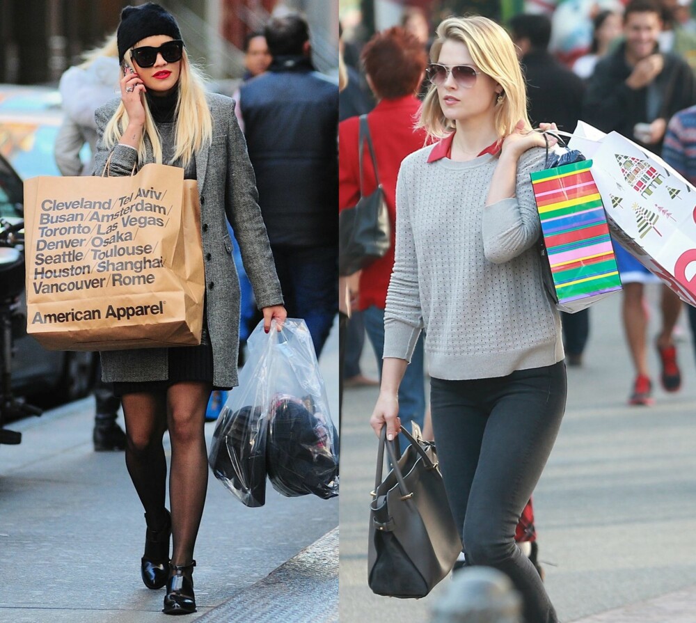 BÆRER TUNGT: Rita Ora (til venstre) og Ali Larter (til høyre) har tatt seg en skikkelig shoppingtur. Mon tro om de har blitt utsatt for den såkalte "scarcity-teorien"...