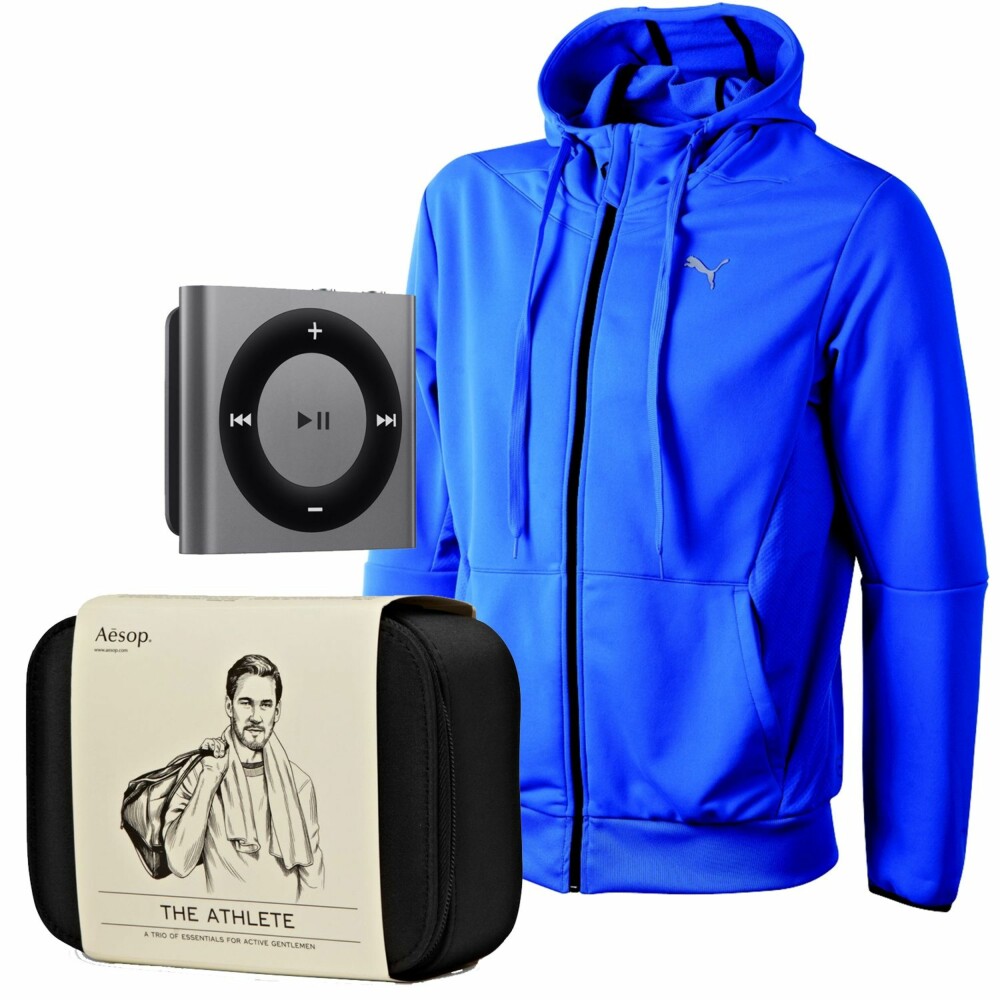 SPORTY: Musikkspilleren iPod Shuffle fra Apple, kr 399, Treningsjakke med hette fra Puma, kr 700. Skjønnhetspleie for "The Athlete" fra Aesop for mrporter.com, kr 850.