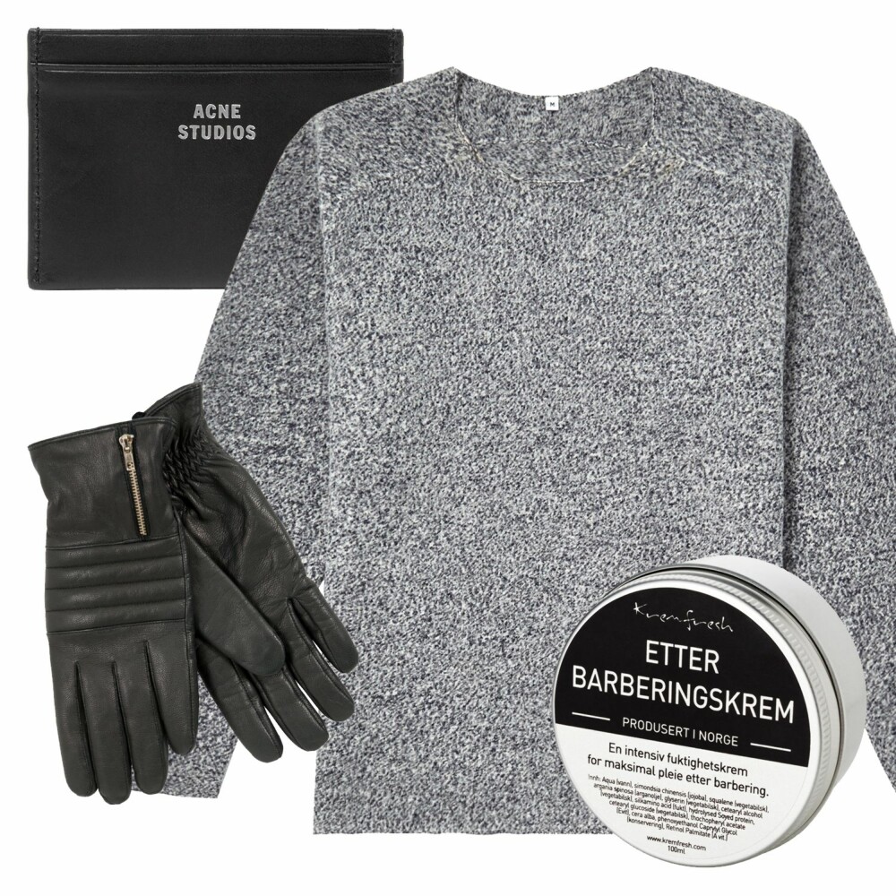 ELEGANT: Kortholder fra Acne, kr 650. Genser fra Cos, kr 890. Skinnhansker fra Jofama, kr 279. Etterbarberingskrem fra Kremfresh, kr 165. ELEGANT: Kortholder fra Acne, kr 650. Genser fra Cos, kr 890. Skinnhansker fra Jofama, kr 279. Etterbarberingskrem fra Kremfresh, kr 165.
