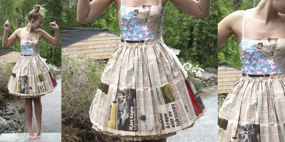 AVISKJOLE: Marits egenlagede kjole av avispapir.