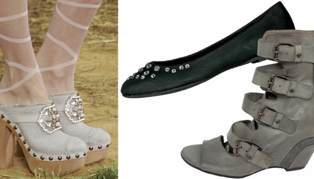 VÅRSKO: Tresko på catwalken hos Chanel, ballerinasko fra Din Sko (kr 299), sandaler med platåsåle fra Bianco (kr 1200).