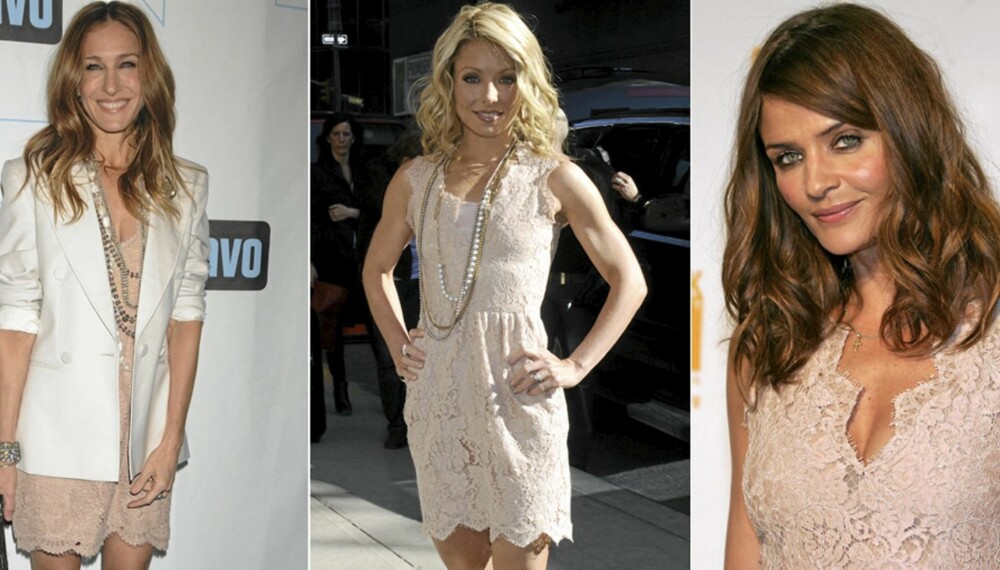 SAMME KJOLE: Sarah Jessica Parker, Kelly Ripa og Helena Christensen er aller kledd i samme Stella McCartney-kjole.