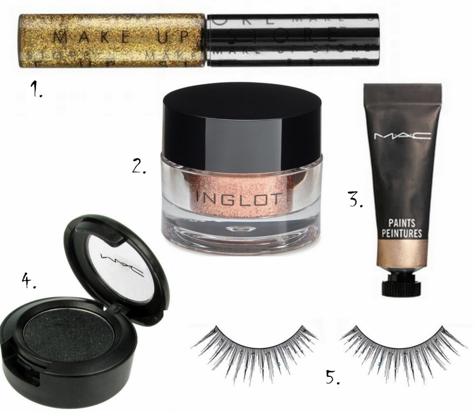 GLITTER-GALORE: 1. Glitter Eyeliner i fargen Golddigger fra Make Up Store (kr 155), 2. Pure Pigment Eye Shadow i fargen 63 fra Inglot (kr 140), 3. Paints i fargen Bare Canvas fra MAC (kr 150), 4. Eyeshadow i fargen Black Tied fra MAC (kr 160), 5. Elegant Eyes Lashes i Enchanting fra Ardell (kr 110).