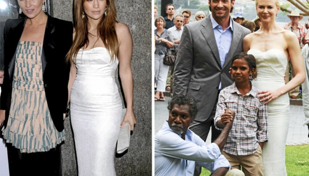 Jennifer Lopez og Nicole Kidman i fin kjole og fint selskap,  henholdsvis Kate Moss og Hugh Jackman.