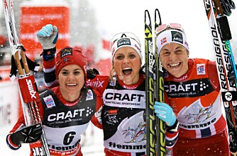 Helnorsk: Heidi Weng (f.v.) Therese Johaug og Astrid Uhrenholdt Jacobsen sørget for en historisk trippelseier i Tour de Ski.