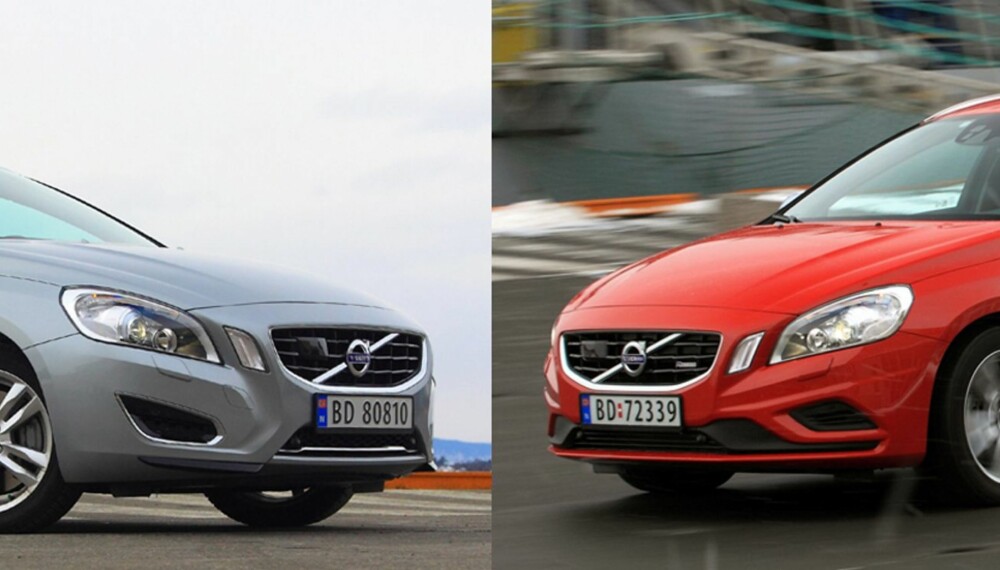 AVGIFTSKLØFT: Volvo-en til venstre er en hybrid med et oppgitt CO2-utslipp 48 g/km. Volvo-en til høyre er en dieselversjon med et over dobbelt så høyt CO2-utslipp. Likevel er bilen med det minste utslippet mye tyngre avgiftsbelagt enn bilen med det høyeste utslipp. FOTO: Egil Nordlien, HM Foto