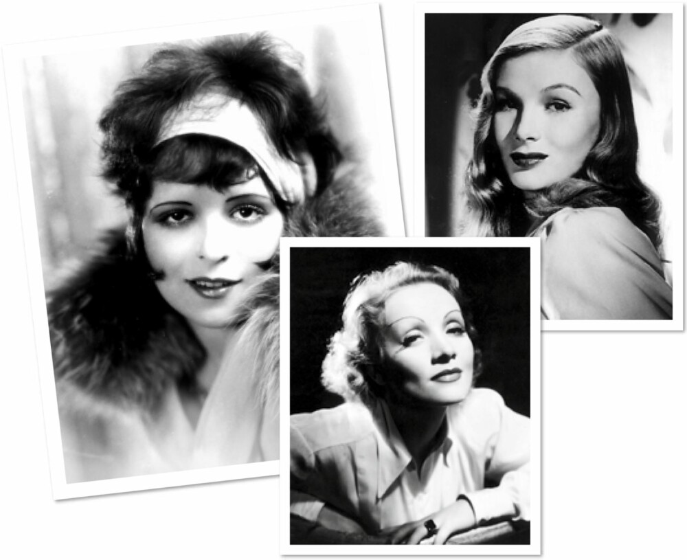 BRYN GJENNOM TIDENE: Til venstre: Clara Bow (1920-årene). I midten: Marlene Dietrich (1930-årene). Til høyre: Veronica Lake (1940-årene).