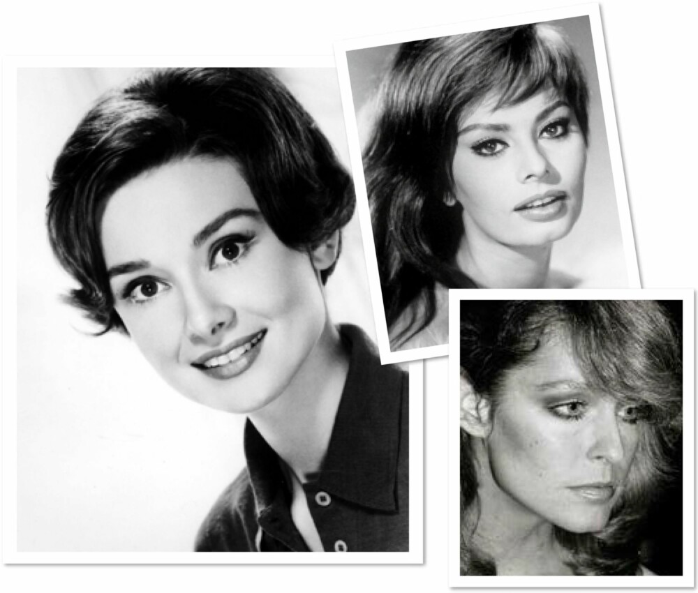 BRYN GJENNOM TIDENE: Til venstre: Audrey Hepburn (1950-årene). Øverst til høyre: Sophia Lauren (1960-årene). Nerdest til høyre: Farrah Fawcett (1970-årene).