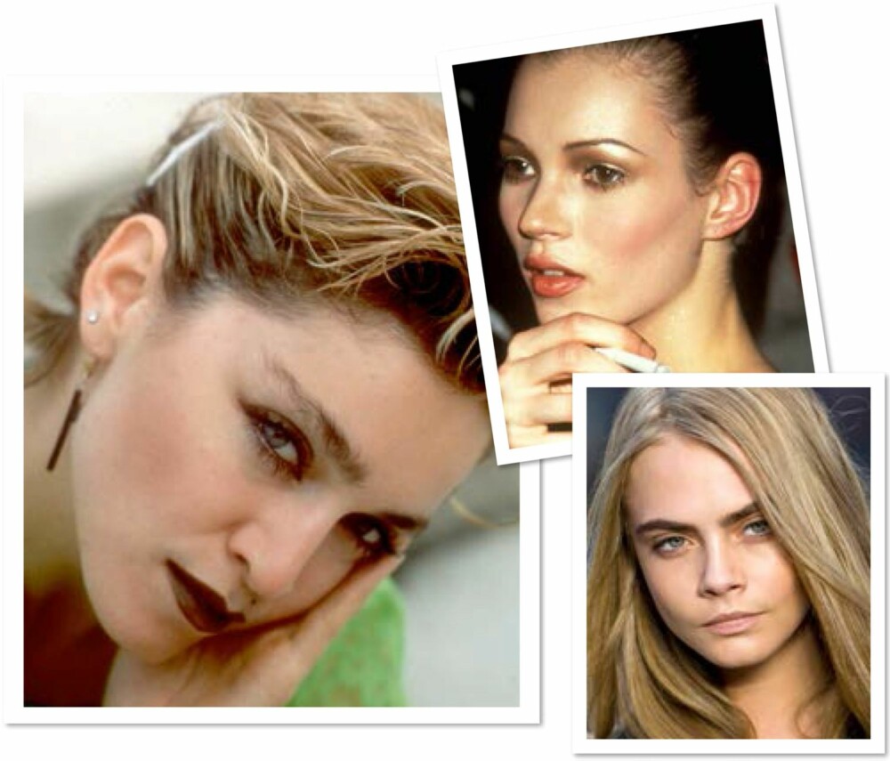 BRYN GJENNOM TIDENE: Til venstre: Madonna (1980-årene). Øverst til høyre: Kate Moss (1990-årene). Nederst til høyre: Cara Delevingne (2000-årene). BRYN GJENNOM TIDENE: Til venstre: Madonna (1980-årene). Øverst til høyre: Kate Moss (1990-årene). Nederst til høyre: Cara Delevingne (2000-årene).