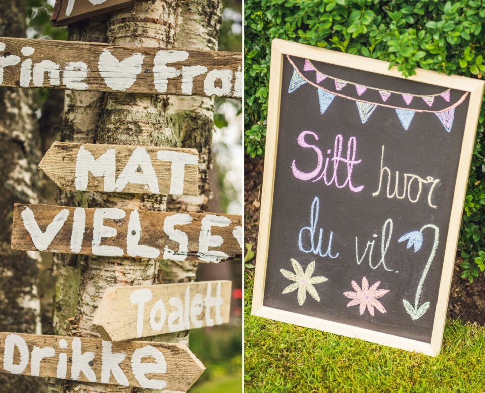 PERSONLIG PREG: Brudeparet malte skilt av gammelt drivved, og som en del av den uformelle stemningen var det naturlig at gjestene fikk sitte hvor de ville - både under vielsen og til middagen.