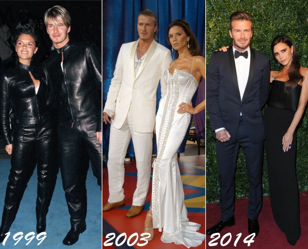FØR OG NÅ: Stilen til både David Beckham og kona Victoria har forandret seg mye opp gjennom årene; fra matchende og tacky til klassisk og elegant.