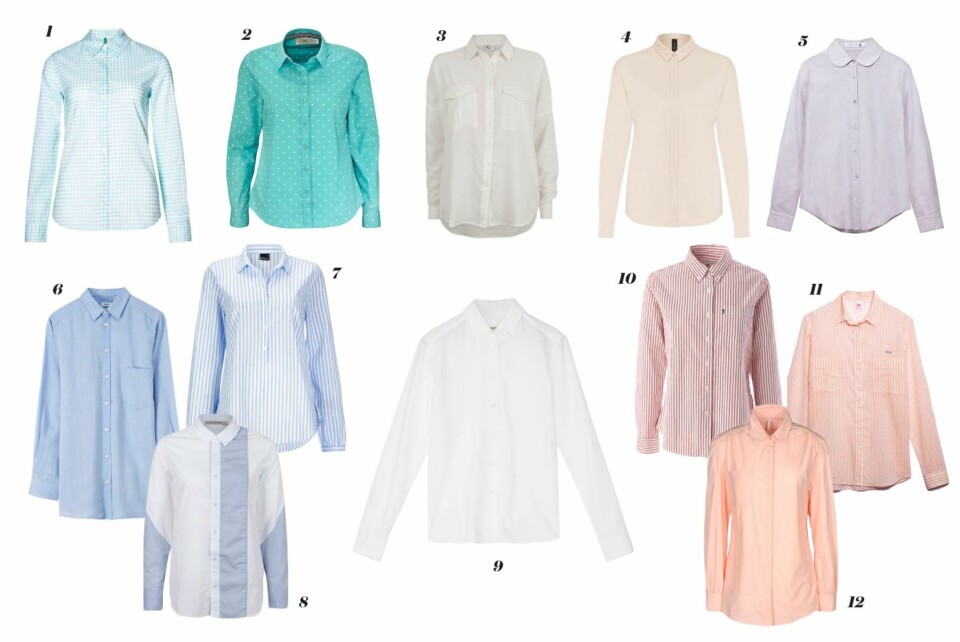1. Skjorte fra Benetton, kr 299. 2. Skjorte fra Ellos, kr 199. 3. Skjorte fra Cubus, kr 249. 4. Skjorte fra Marc Cain, kr 1.599. 5. Skjorte fra Cathrine Hammel, kr 1.699. 6. Skjorte fra Filippa K, kr 1.000. 7. Skjorte fra Gina Tricot, kr 199. 8. Skjorte fra FWSS, kr 1.790. 9. Skjorte fra Gant, kr 1.200. 10. Skjorte fra Lexington, kr 995. 11. Skjorte fra Lacoste, kr 1.749. 12. Skjorte fra Studio Jux/yoox.com, kr 630.