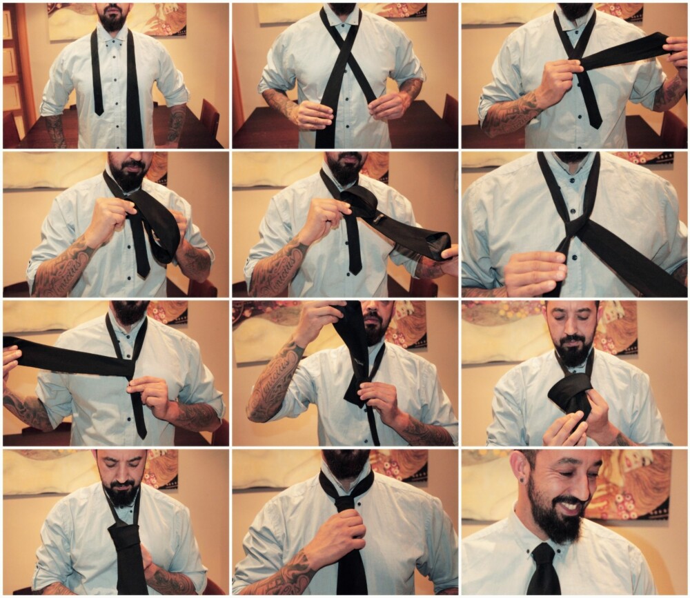 HALV WINDSOR: 1. Plasser slips over skuldre, 2. Kryss tykk del over tynn del, 3. Kryss tykk del bak knuten og dra ut på andre siden, 4. Løft tykk del opp og plasser inn ved slipsknuten fra forsiden, 5. Dra tykk del ned bak slipsknute, 6. Stram tykk del til på samme side som før og pass på at slipset ligger jevnt, 7. Kryss tykk del over slipsknuten, 8. Dra tykk del bak og opp, 9. Dytt tykk del ned i fremste løkken på knuten, 10. Hold på tynn del og dra på tykk del av slipset, 11. Juster slipsknuten ved å holde på tykk del og dytte på slipsknuten, 12. Knuten skal ligge mellom kragebena.