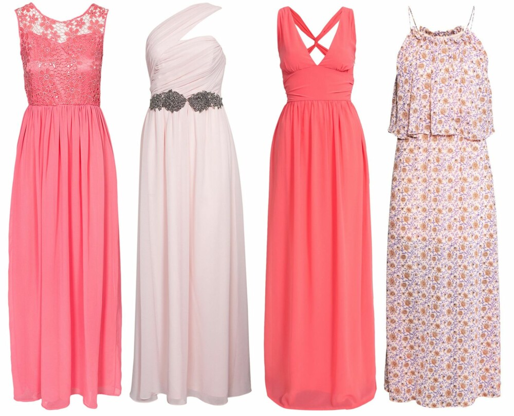 KJOLER TIL BRYLLUP (f.v.): Club L Sequins Crochet Maxi Dress, kr 499. Little Mistres Side Shoulder Maxi Dress, kr 799. Club L Criss Cross Chiffon Maxi Dress, kr 399. H&M chiffonkjole, kr 499.