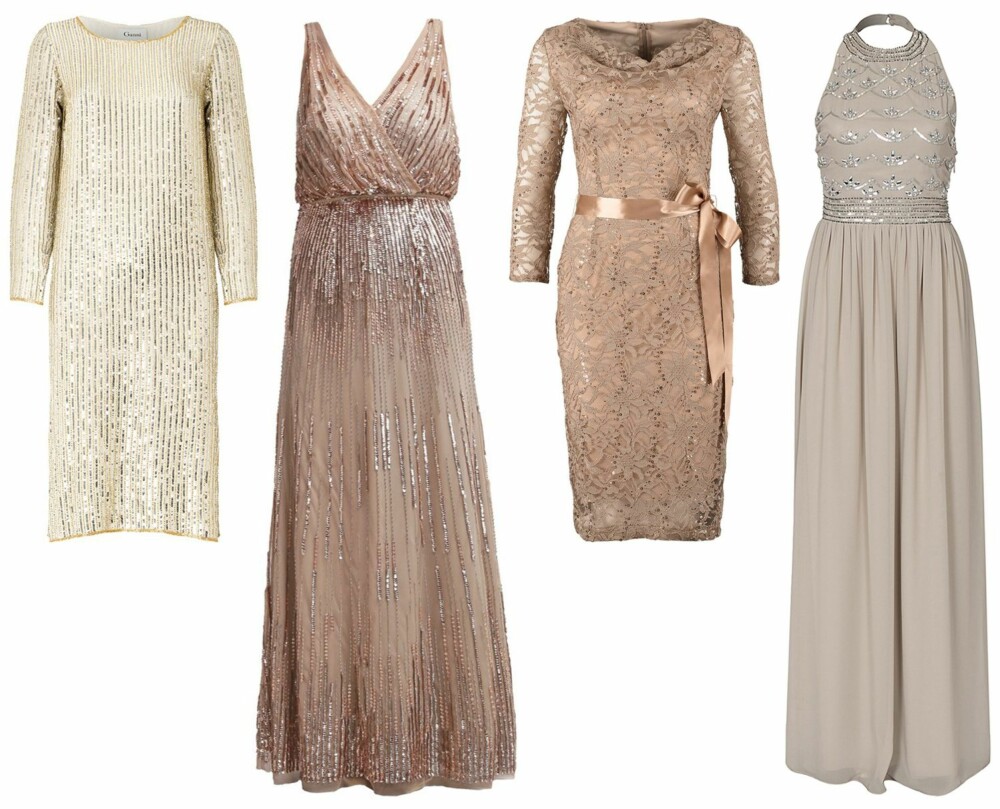 KJOLER TIL BRYLLUP (f.v.): Ganni Summer Sequin Dress, kr 2999. Adrianna Papell cocktailkjole, kr 3295. Young Couture By Barbara Schwarzer cocktailkjole greige, kr 1695. Nly Eve Decor Open Back Dress, kr 899 hos Nelly.com. KJOLER TIL BRYLLUP (f.v.): Ganni Summer Sequin Dress, kr 2999. Adrianna Papell cocktailkjole, kr 3295. Young Couture By Barbara Schwarzer cocktailkjole greige, kr 1695. Nly Eve Decor Open Back Dress, kr 899 hos Nelly.com.