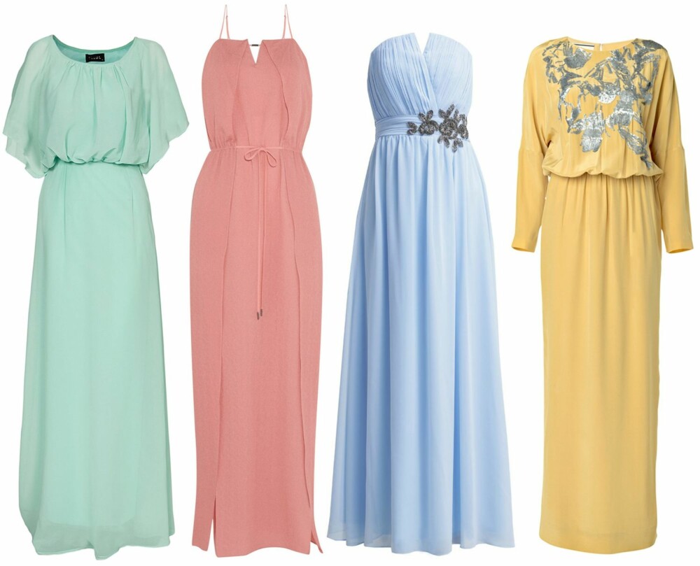 KJOLE TIL BRYLLUP (f.v.): Club L Angel Wing Maxi Dress, kr 499. Halston Heritage Hammered-silk maxi dress, kr 4975. Little Mistress ballkjole light blue, kr 899. By Malene Birger Lidiana Evening Gown, kr 6199. KJOLE TIL BRYLLUP (f.v.): Club L Angel Wing Maxi Dress, kr 499. Halston Heritage Hammered-silk maxi dress, kr 4975. Little Mistress ballkjole light blue, kr 899. By Malene Birger Lidiana Evening Gown, kr 6199.