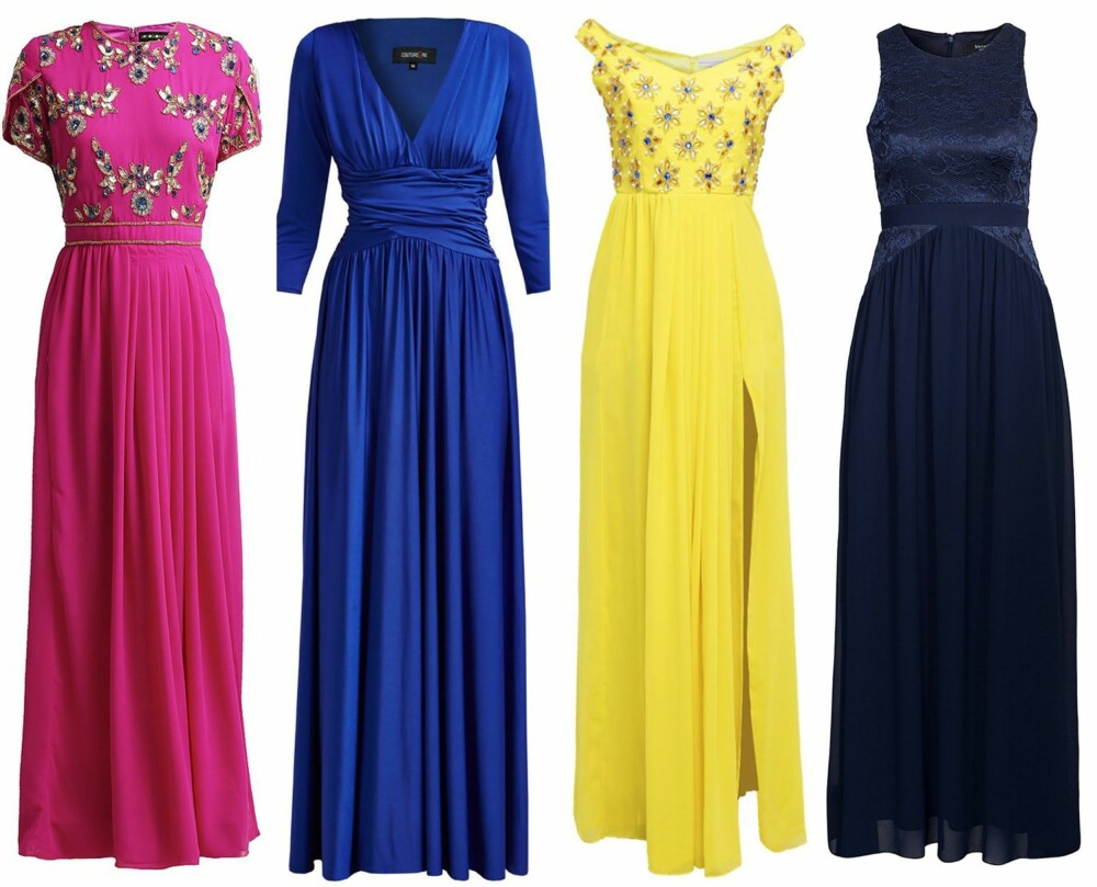 KJOLE TIL BRYLLUP (f.v.): Virgos Lounge Ivana fotsid kjole hot pink, kr 1345. Couture One Romy ballkjole, blå, kr 2215. Virgos Lounge Carol fotsid kjole yellow, kr 1495. Sisters Point Gii Dress, kr 699.