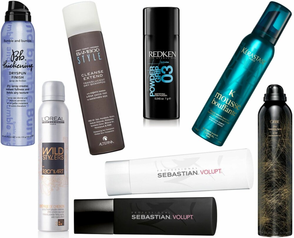 STYLINGPRODUKTER (f.v.): Bumble and Bumble Dryspun Finish, kr 339. L'Oréal Wild Stylers by TecniArt Crépage de Chignon, kr 229. Alterna Mamboo Style Cleanse Extend Translucent Dry Shampoo, kr 279. Sepastian Volupt volumsjampo, kr 259. Sebastian Volupt volumbalsam, kr 269. Redken Power Grip 03 Mattifying Hair Powder, kr 229. Kérastase Mousse Bouffante Luxurious Volumising Mousse, kr 239. Oribe Dry Texturising Spray, kr 360. STYLINGPRODUKTER (f.v.): Bumble and Bumble Dryspun Finish, kr 339. L'Oréal Wild Stylers by TecniArt Crépage de Chignon, kr 229. Alterna Mamboo Style Cleanse Extend Translucent Dry Shampoo, kr 279. Sepastian Volupt volumsjampo, kr 259. Sebastian Volupt volumbalsam, kr 269. Redken Power Grip 03 Mattifying Hair Powder, kr 229. Kérastase Mousse Bouffante Luxurious Volumising Mousse, kr 239. Oribe Dry Texturising Spray, kr 360.