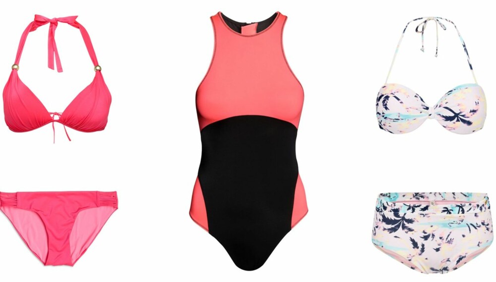 BADETØYMOTE 2015 (f.v.): Fargesterkt, rosa bikini fra Lindex, kr 149 for overdel og kr 129 for underdel. Sporty badedrakt fra H&M, kr 249. Tropisk bikini med palmer fra KappAhl, kr 199 for overdel og kr 129 for underdel.