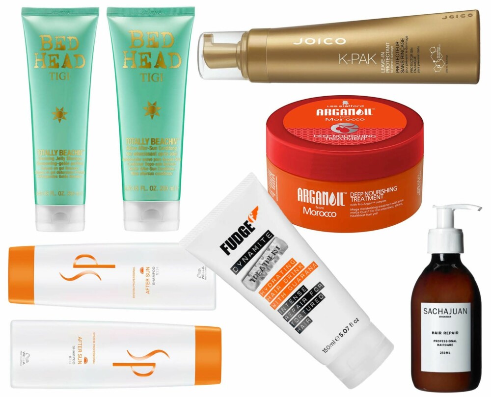 PRODUKTER (f.v.): Tigi Bed Head Totally Beachin' shampoo, kr 224. Tigi Bed Head Totally Beachin' conditioner, kr 249. Joico K-Pak Leave in Protectant 250ml kr 249. Lee Stafford Arganoil kur, kr 229. Wella SP After Sun Shampoo, kr 245. Wella SP After Sun Coditioner, kr 265. Fudge Dynamite hårkur, kr 229. Sachajuan, Hair Repair, kr 149.