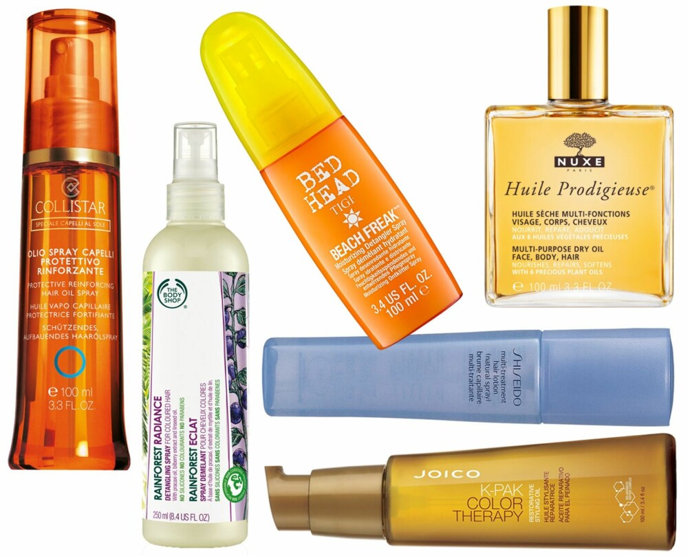 GODE BESKYTTELSESPRODUKTER (f.v.): Collistar Protective Reinforcing Hair Oil Spray, kr 159. The Body Shop Rainforest Radiance Detangling Spray med UV-filter, kr 149. Tigi Bed Head Beack Freak Spray, kr 254. Nuxe Huile Prodigieuse, kr 310. Shiseido Multi-Treatment Hair Lotion (Natural Spray) med UV-beskyttelse, kr 286. K-Pak Color Therapy Restorative Styling Oil, kr 299.