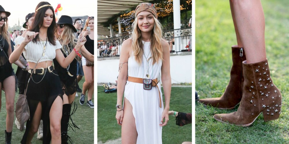 BOHEM: Kjendisene elsker bohemstilen på festival. Fra venstre: Kendall Jenner, Gigi Hadid og de lekre skoene til Kate Bosworth på årets Coachella-festival.