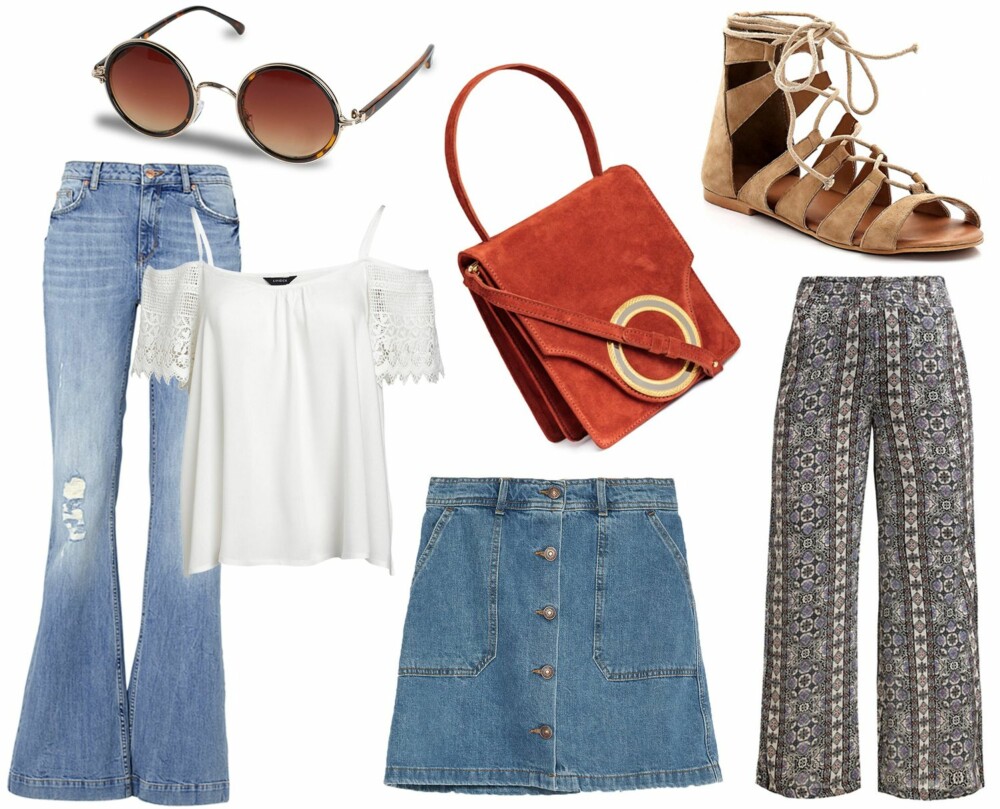 INSPIRASJON (f.v.): Solbriller fra Lindex, kr 99. H&M veske i semsket skinn, kr 999. La Redoute Soft Grey sandaler, kr 479. Gina Tricot Yael Highwaist Flare Jeans, kr 499. Lindex vevet bluse med blonde, kr 299. Zara Mini Skatebord Skjørt, kr 399. New Look Vertical Cheesecloth Bukser Pink, kr 249/Zalando. INSPIRASJON (f.v.): Solbriller fra Lindex, kr 99. H&M veske i semsket skinn, kr 999. La Redoute Soft Grey sandaler, kr 479. Gina Tricot Yael Highwaist Flare Jeans, kr 499. Lindex vevet bluse med blonde, kr 299. Zara Mini Skatebord Skjørt, kr 399. New Look Vertical Cheesecloth Bukser Pink, kr 249/Zalando.