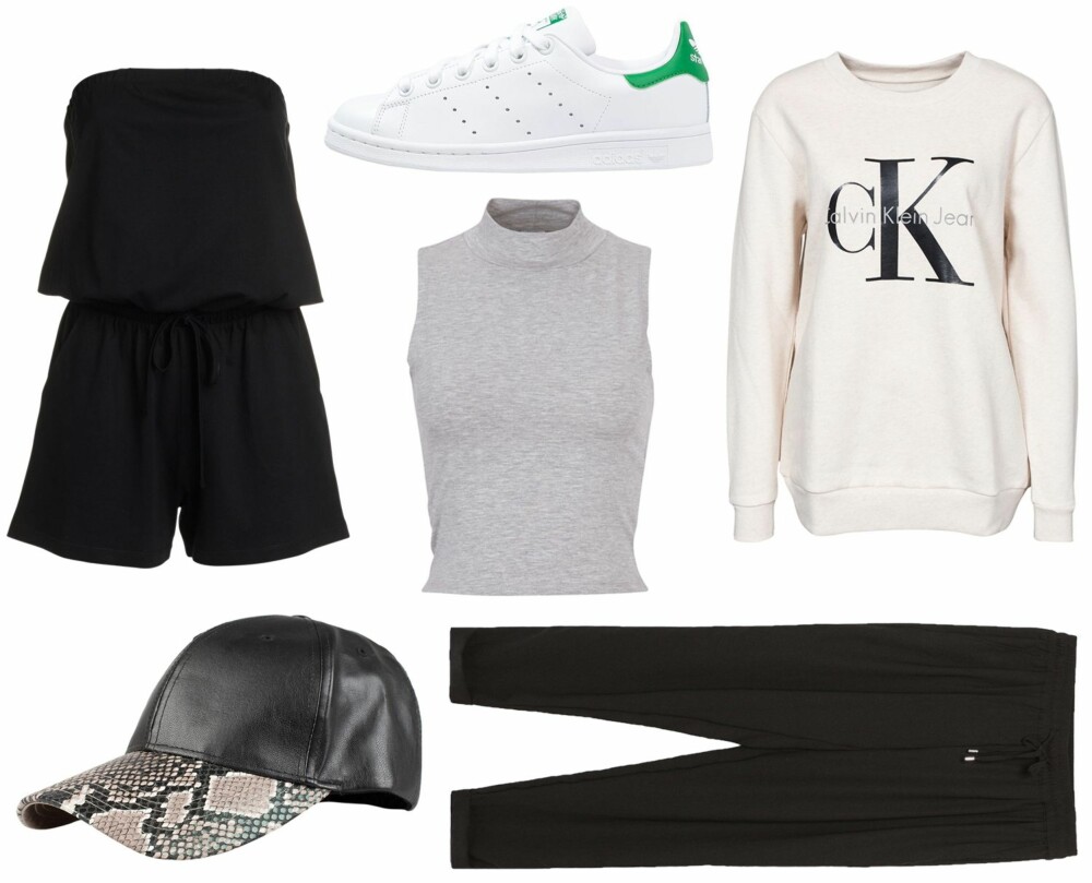 INSPIRASJON (f.v.): Lindex buksedrakt i trikot, kr 199. Adidas Originals Stan Smith, kr 849/Zalando. Calvin Klein Crew Neck Hwk, kr 995/Nelly. Gina Tricot Ronja singlet, kr 79. River Island PU Snake Peak Trucker Cap, kr 199/Nelly. Zara bukse med snor i livet, kr 299.