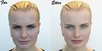 FØR OG ETTER: Man ser en tydelig forskjell på størrelsen på overleppen før og etter at makeupartisten har sminket leppene større.