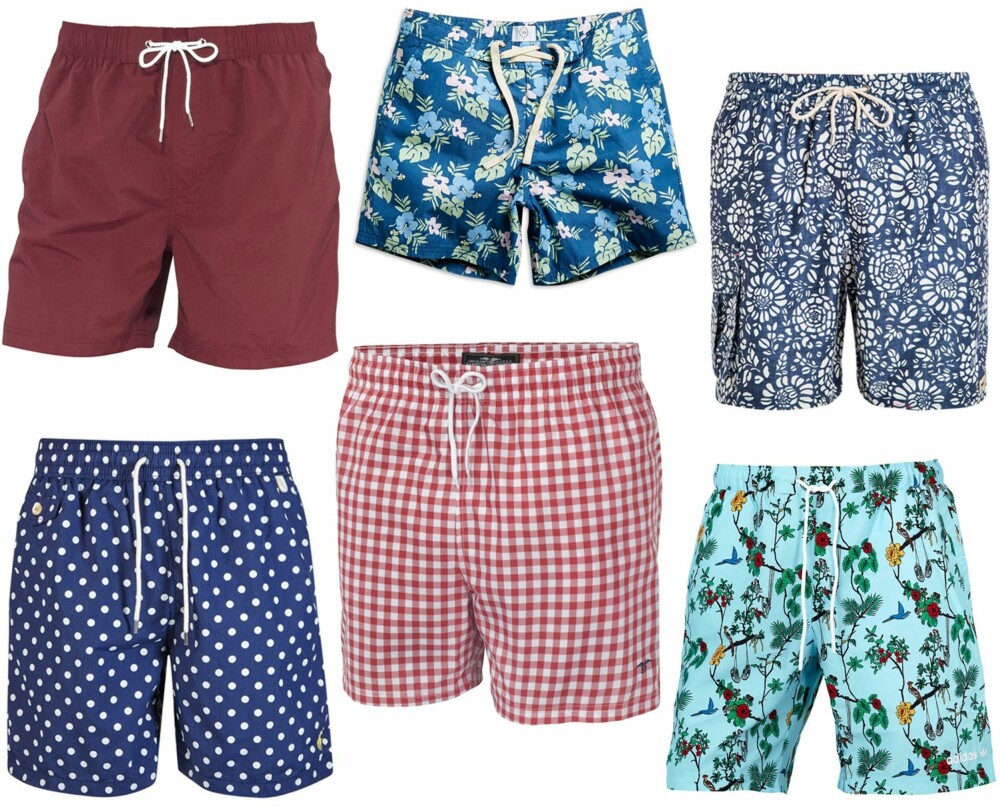 BADESHORTSER (f.v.): Ellos badeshorts, kr 149. Lindex Surf Swim Shorts, kr 249. Watercult Badeshorts dark indigo/Zalando, kr 729. Polo Ralph Lauren Traveleer Shorts Freshwater polka dots yellow/Zalando, kr 699. Kappahl badeshorts, kr 199. Adidas Originals Badeshorts Island SST Swim/Ellos, kr 449.