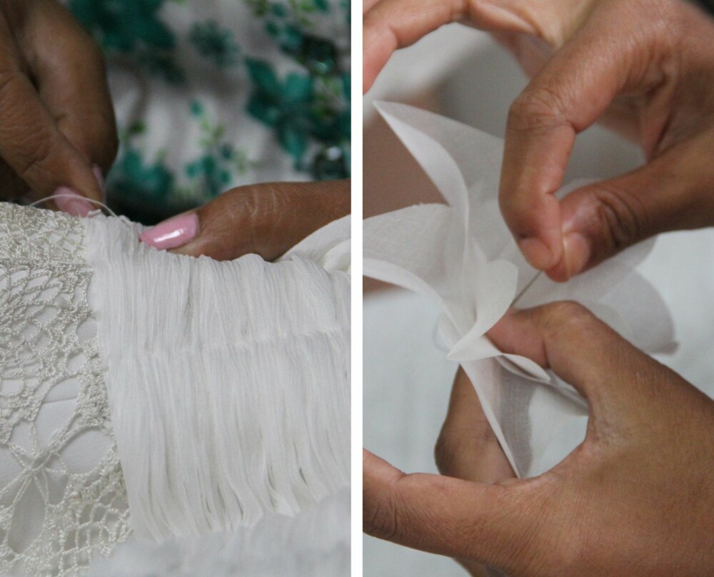 VIKTIGE DETALJER: En syerske på fabrikken i Kathmandu sørger for at alle detaljer på brudekjolen blir perfekte.