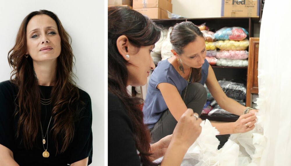 LEILA HAFZI: Brudekjoledesigneren har gjort stor suksess med de nydelige kjolene sine. Til høyre kan du se Leila og en av syerskene samarbeide om blomstene på kjolen "Arianna". LEILA HAFZI: Brudekjoledesigneren har gjort stor suksess med de nydelige kjolene sine. Til høyre kan du se Leila og en av syerskene samarbeide om blomstene på kjolen "Arianna".