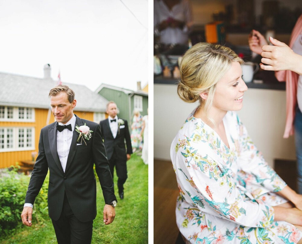 LIKE FØR: Brudgom og forlover på en av øyas små hvite grusstier. Preget av stundens alvor. BRUDEN: Frisør og makeupartist Elin kom i båt ut til naustet på øya, diva for en dag. LIKE FØR: Brudgom og forlover på en av øyas små hvite grusstier. Preget av stundens alvor. BRUDEN: Frisør og makeupartist Elin kom i båt ut til naustet på øya, diva for en dag.