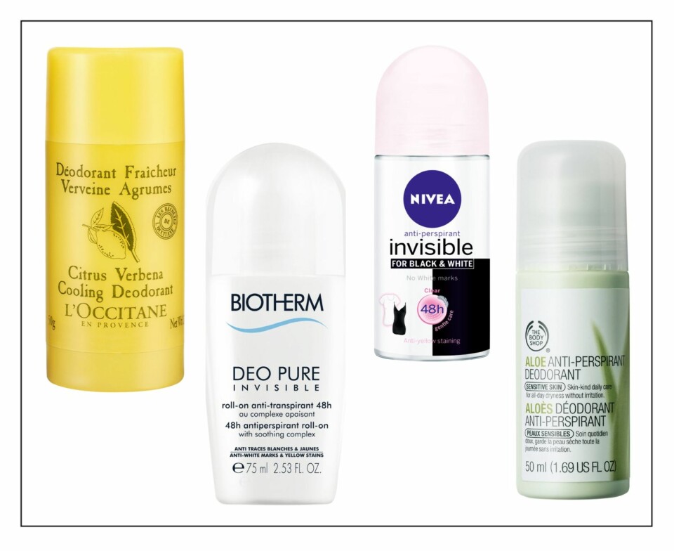 DEO: Fra venstre: L'Occitane: Citrus Verbena Cooling Deodorant, 50 ml, kr 120. Biotherm: Deo Pure Invisible, 75 ml, kr 190. Nivea: Invisible for Black & White, 50 ml, kr 39. The Body Shop: Aloe Anti-Perspirant Deodorant, 50 ml, kr 98.