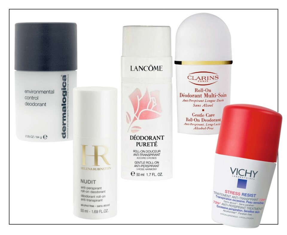 FLERE FAVORITTER: Fra venstre: Dermalogica: Environmental Control Deodorant, 64 ml, kr 295. Helena Rubinstein: Nudit, 50 ml, kr 215. Lancôme: La Rose Déodorant Pureté, 50 ml, kr 145. Clarins: Déodorant, 50 ml, kr 190. Vichy: Stress Resist 72h, 50 ml, kr 136.