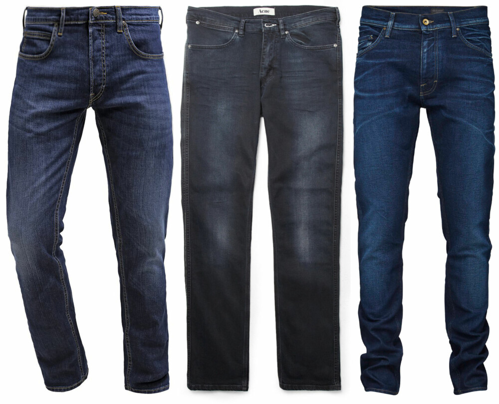 JEANS (f.v.): Lee Daren Slim fit jeans dark used/Zalando, kr 899. Acne Max Man Ray Slim-Fit Denim Jeans, kr 1495. Tiger of Sweden Pistolero Jeans, kr 1399.
