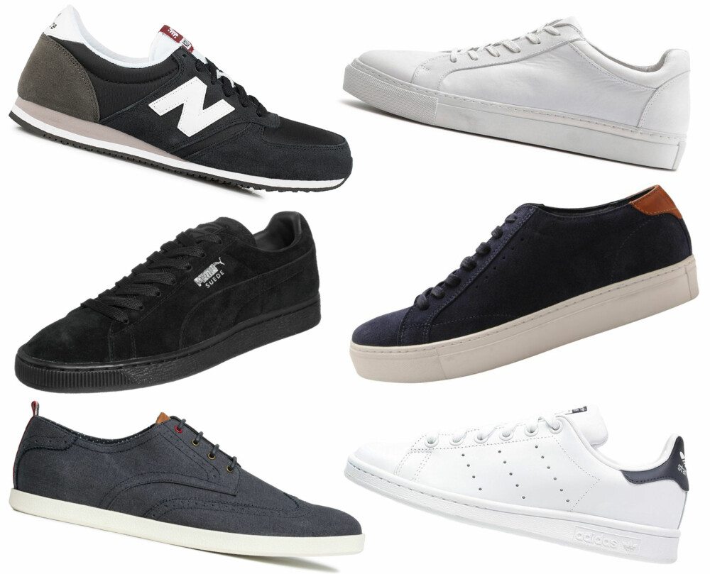 SNEAKERS (f.v.): New Balance U420CBW, kr 995. Selected Homme Leather Sneakers, kr 799,95. Puma Classic+ Joggesko black/dark shadow, kr 699. Bianco Suede Cass Shoe MAM16, kr 999. H&M Broguemønstrede sneakers, kr 349. Adidas Stan Smith joggesko run white/new navy, kr 899.
