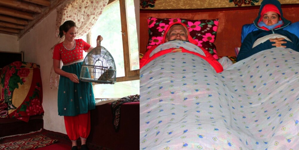 MINNER: Christine i Afghanistan, hvor hun ble presset inn i en alt for liten festdrakt, etter å ha vist dem bilde av seg selv i bunad. Bildet til høyre er fra Pamir Highway i Tajikistan da hun reiste Silkeveien i fjor sommer. Hun ligger kald og matforgiftet på gulvet hjemme hos en nomadefamilie i de Tajikistanske fjellene, Pamir. Venninen, Hanne Verling, er strålende fornøyd med endelig å ha blitt frisk. MINNER: Christine i Afghanistan, hvor hun ble presset inn i en alt for liten festdrakt, etter å ha vist dem bilde av seg selv i bunad. Bildet til høyre er fra Pamir Highway i Tajikistan da hun reiste Silkeveien i fjor sommer. Hun ligger kald og matforgiftet på gulvet hjemme hos en nomadefamilie i de Tajikistanske fjellene, Pamir. Venninen, Hanne Verling, er strålende fornøyd med endelig å ha blitt frisk.