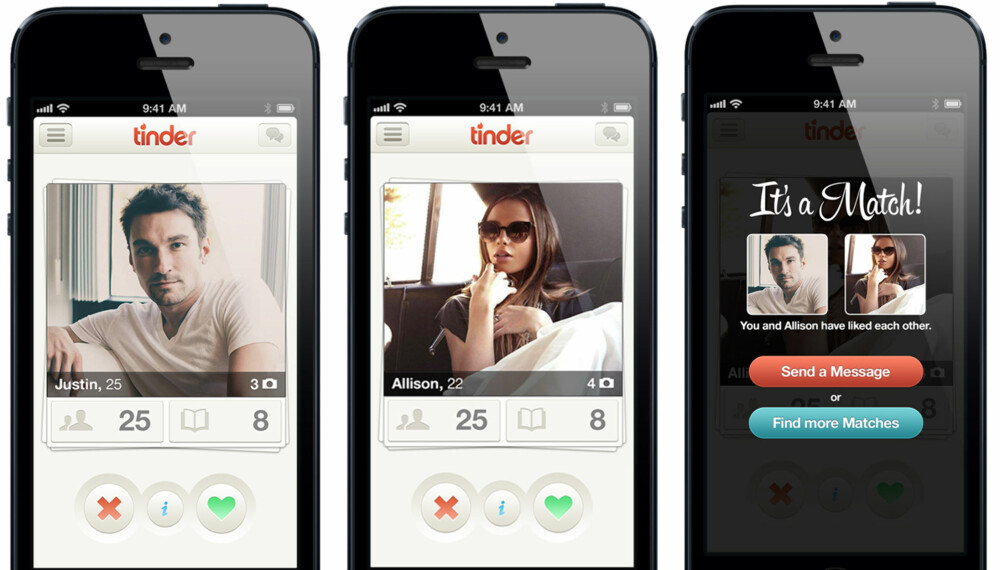 FULL MATCH: Hvis begge sveiper til høyre, blir det match på dating-appen Tinder. Herfra kan dere starte å chatte med hverandre. FOTO: Tinder