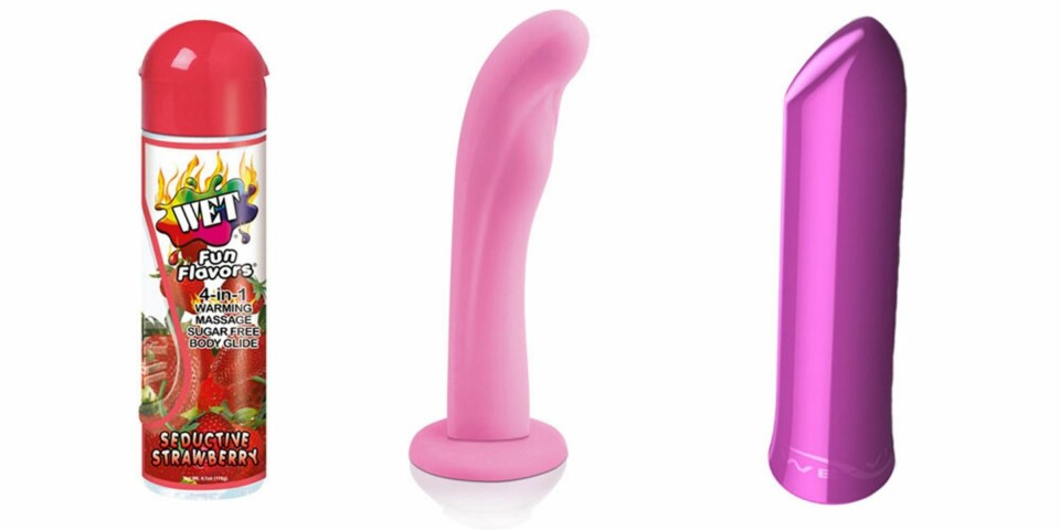 LEKETØY FOR HENNE: Wet varmende jordbærglid, 129 kr, Elite g-punktdildo, 379 kr, We-vibe tango klitoisvibrator , 599 kr.