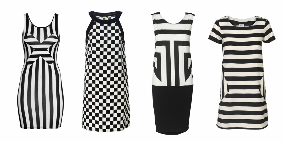 GRAFISK: Figurnær kjole fra H&M (99 kr), sjakkrutete fra Zara (399 kr), grafisk mønster fra Vero Moda (299,95 kr), striper fra Vero Moda (249,95 kr).