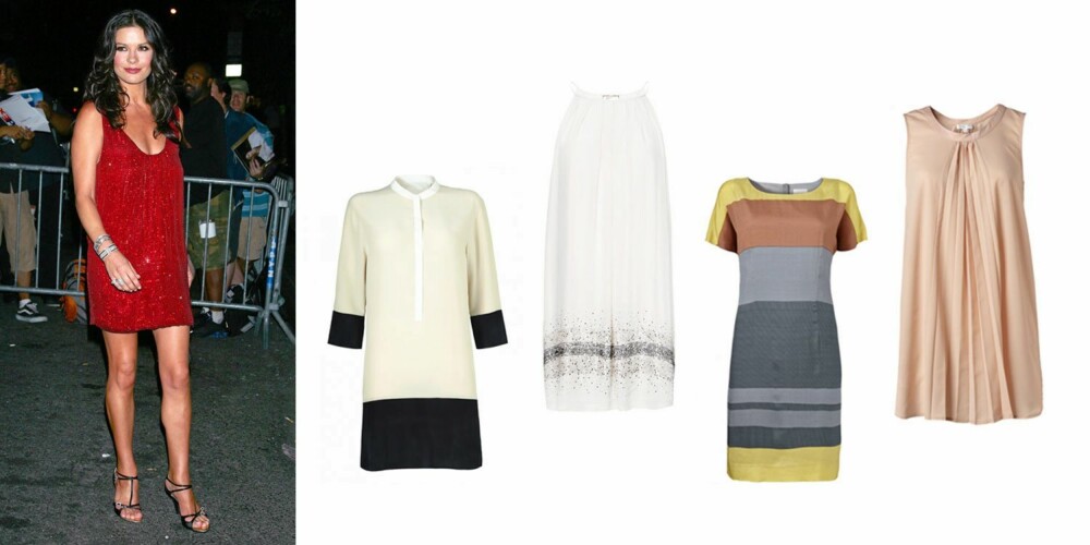LEKRE LEGGER: De med denne fasongen er ofte velsignet med lekre ben. Vis dem fram! Det er Catherine Zeta Jones veldig flink til. Rett kjole fra Inwear (1099 kr), hvit, lett kjole fra Mango (1299 kr), stripete kjole fra Inwear (1399 kr), pudderfarget, kort kjole fra MQ (599 kr). LEKRE LEGGER: De med denne fasongen er ofte velsignet med lekre ben. Vis dem fram! Det er Catherine Zeta Jones veldig flink til. Rett kjole fra Inwear (1099 kr), hvit, lett kjole fra Mango (1299 kr), stripete kjole fra Inwear (1399 kr), pudderfarget, kort kjole fra MQ (599 kr).