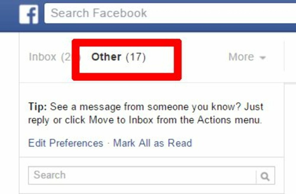 ANNET: I boksen "annet" finner du meldinger som Facebook kanskje tror er spam.