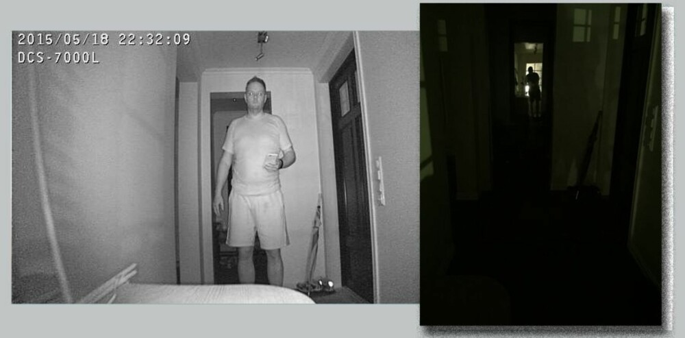 NATT BLIR DAG: Bildet til venstre er tatt av webkameraet til D-link (DCS-7000L) i et så og si helt mørklagt rom. Til høyre ser du hvor mørkt rommet var.