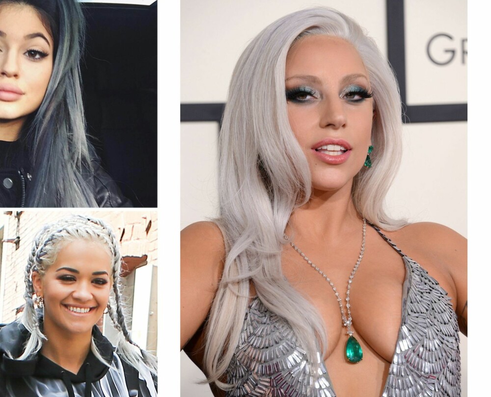 KJENDISER MED GRÅTT HÅR: Kylie Jenner, Rita Ora og Lady Gaga er blant kjendisene som har valgt å farge håret grått den siste tiden.