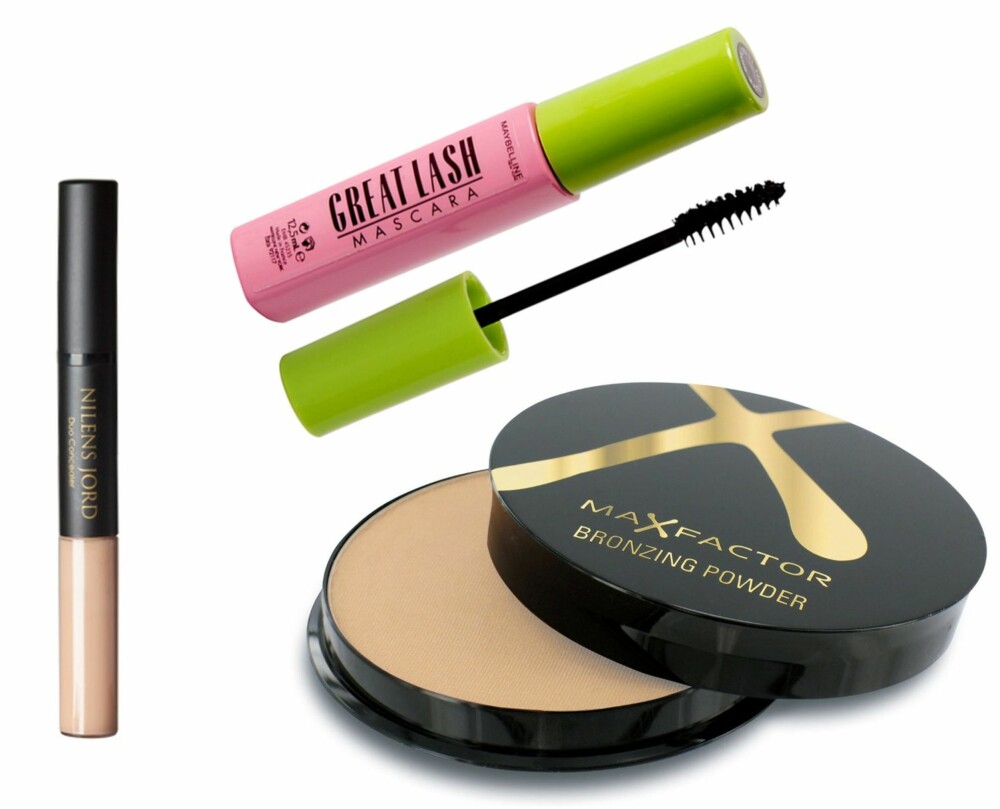 RUUDS RIMELIGE FAVORITTER: Øverst fra venstre: Duo Concealer fra Nilens Jord, kr 249. Maybelline Great Lash Mascara, kr 105. Max Factor Bronzing Powder, kr 115.