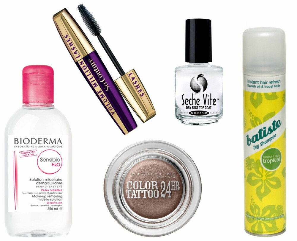 EIDES RIMELIGE FAVORITTER: Øverst fra venstre: L'oréal Volume Million Lashes SO Couture, kr 169. Seche Vite Dry Fast Top Coat 14ml, kr 129. Batiste Tropical, kr 69. Bioderma Sensibio H2O Make-up Removing Micelle Solution 250ml, kr 123 hos feelunique.com. Maybelline Color Tattoo 24HR Cream Gel Shadow On And On Bronze, kr 90. EIDES RIMELIGE FAVORITTER: Øverst fra venstre: L'oréal Volume Million Lashes SO Couture, kr 169. Seche Vite Dry Fast Top Coat 14ml, kr 129. Batiste Tropical, kr 69. Bioderma Sensibio H2O Make-up Removing Micelle Solution 250ml, kr 123 hos feelunique.com. Maybelline Color Tattoo 24HR Cream Gel Shadow On And On Bronze, kr 90.