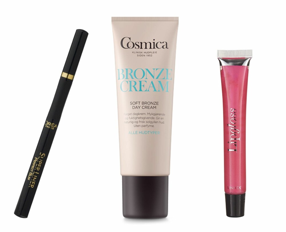 VALEBERGS RIMELIGE FAVORITTER: L'oréal Superliner Perfect Slim i fargen Black Black, kr 139. Cosmica Face Soft Bronze Day, kr 135. Lpgloss fra Lindex, kr 49,50.