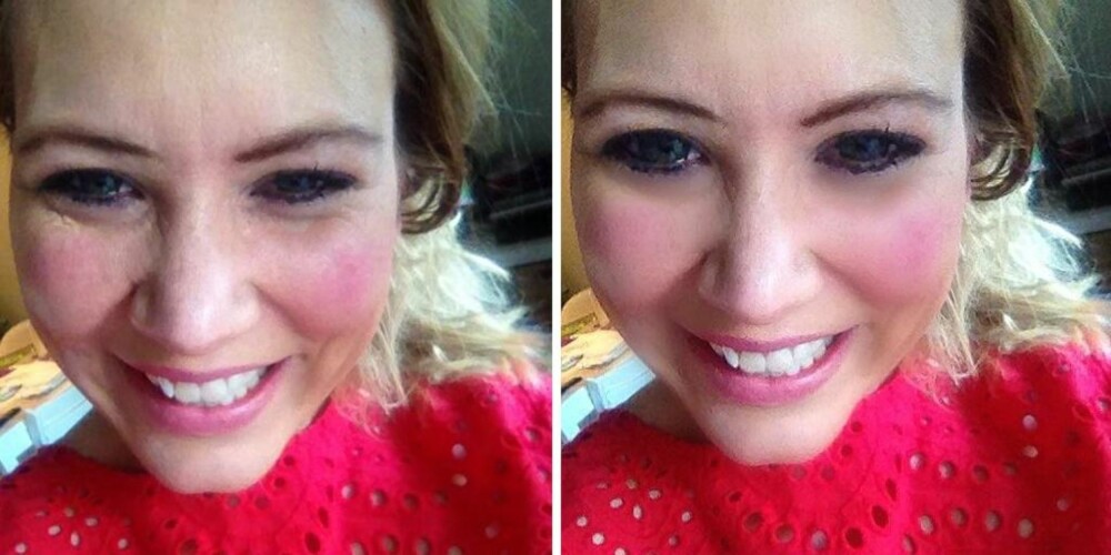 BEAUTY PLUS: Her har jeg brukt gratisappen BeautyPlus til å både "smoothe" ut huden og bleke tennene. Bildet til venstre er originalbildet. Bildet til høyre er redigert i Beauty Plus. FOTO: Trine Jensen